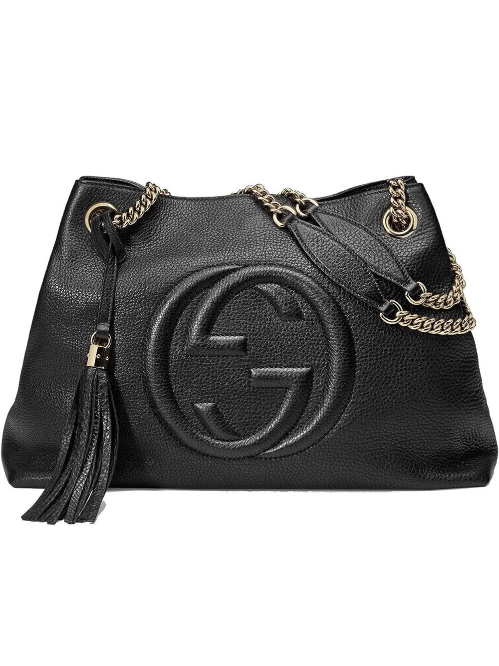 Gucci Soho Black Pebbled Leather Shoulder Bag with Tassel and Gold Chain